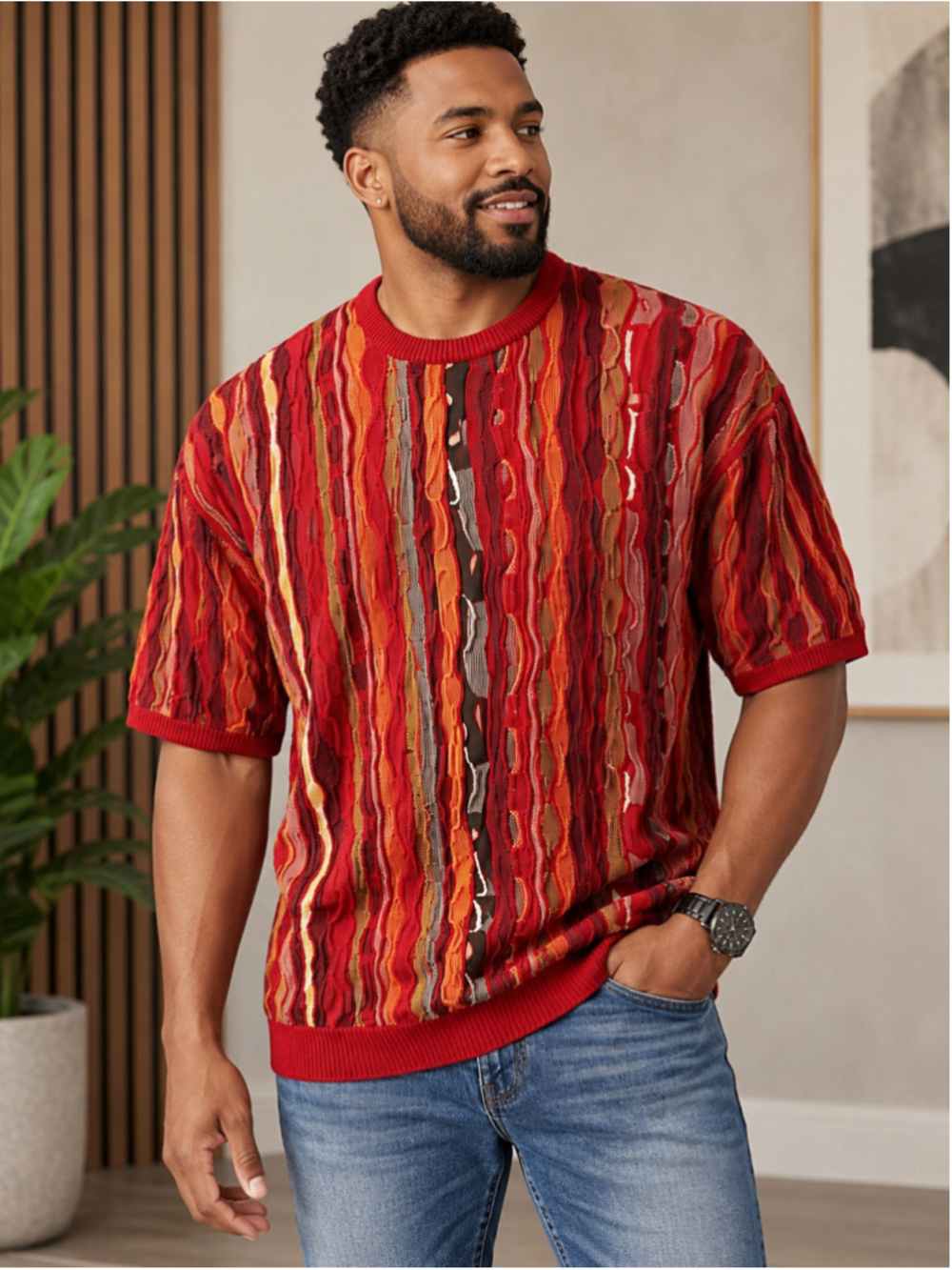 Clench 701 Jeans Red Multi Cable-Knit Short Sleeve Sweater – Size XXL